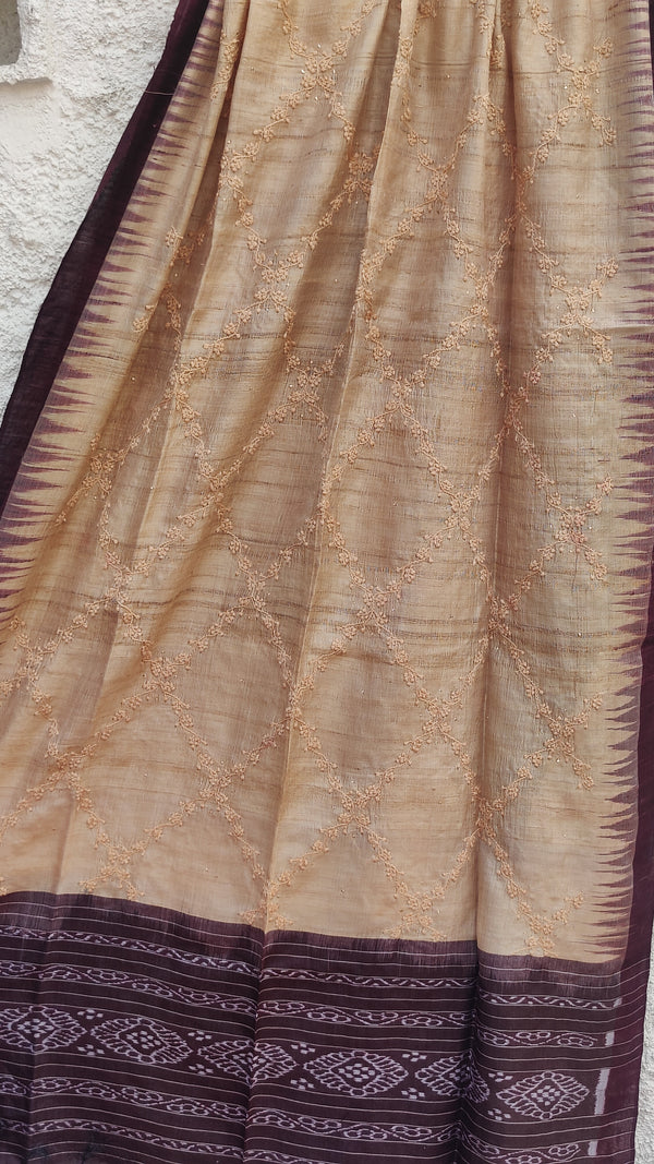 DARK BROWN IKKAT WEAVE TUSSAR DUPATTA WITH CHIKANKARI & MUKAISH