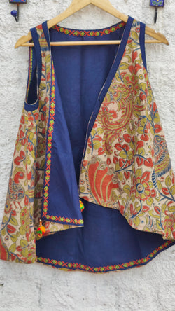 NAVY BLUE MANGALGIRI COTTON WITH KALAMKARI-CHIKANKARI REVERSIBLE JACKET