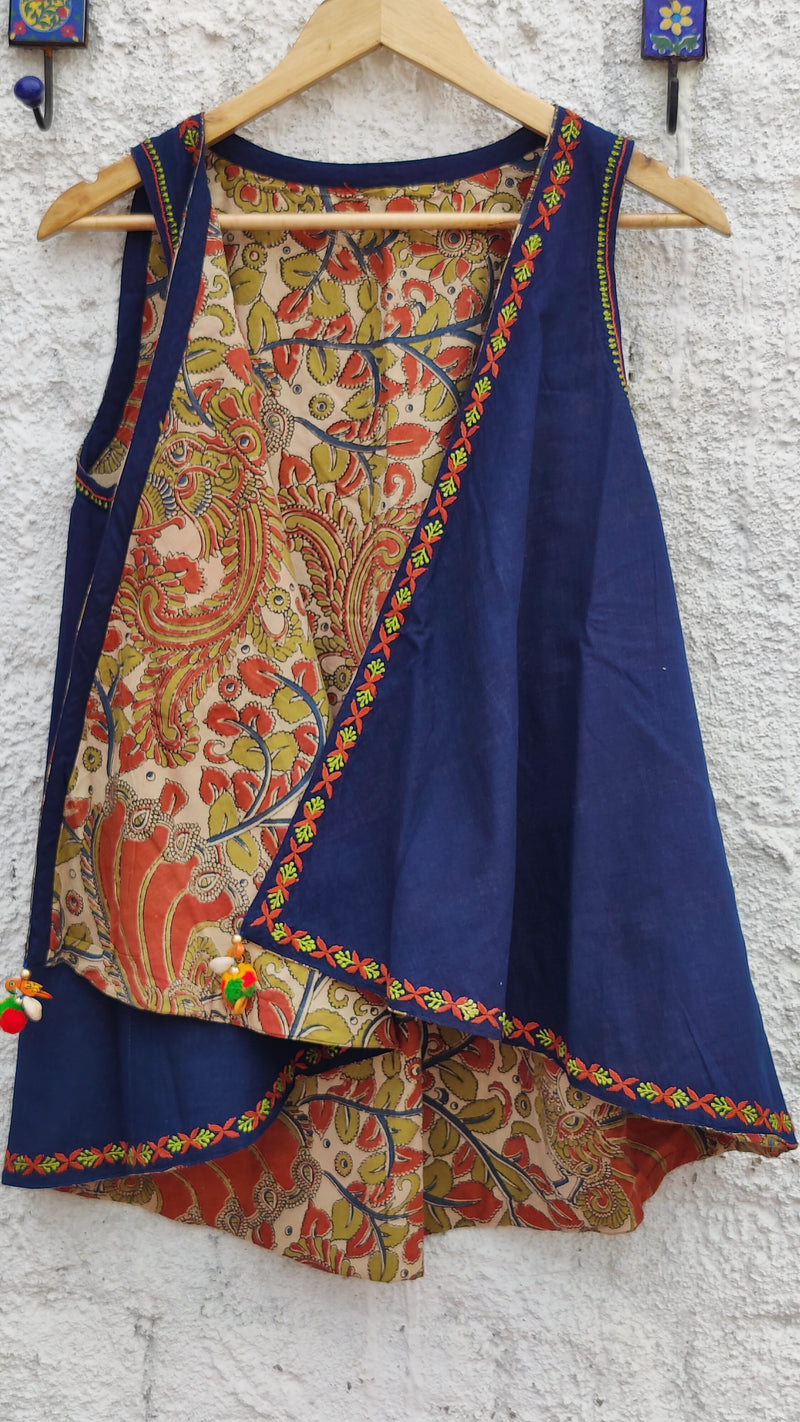 NAVY BLUE MANGALGIRI COTTON WITH KALAMKARI-CHIKANKARI REVERSIBLE JACKET