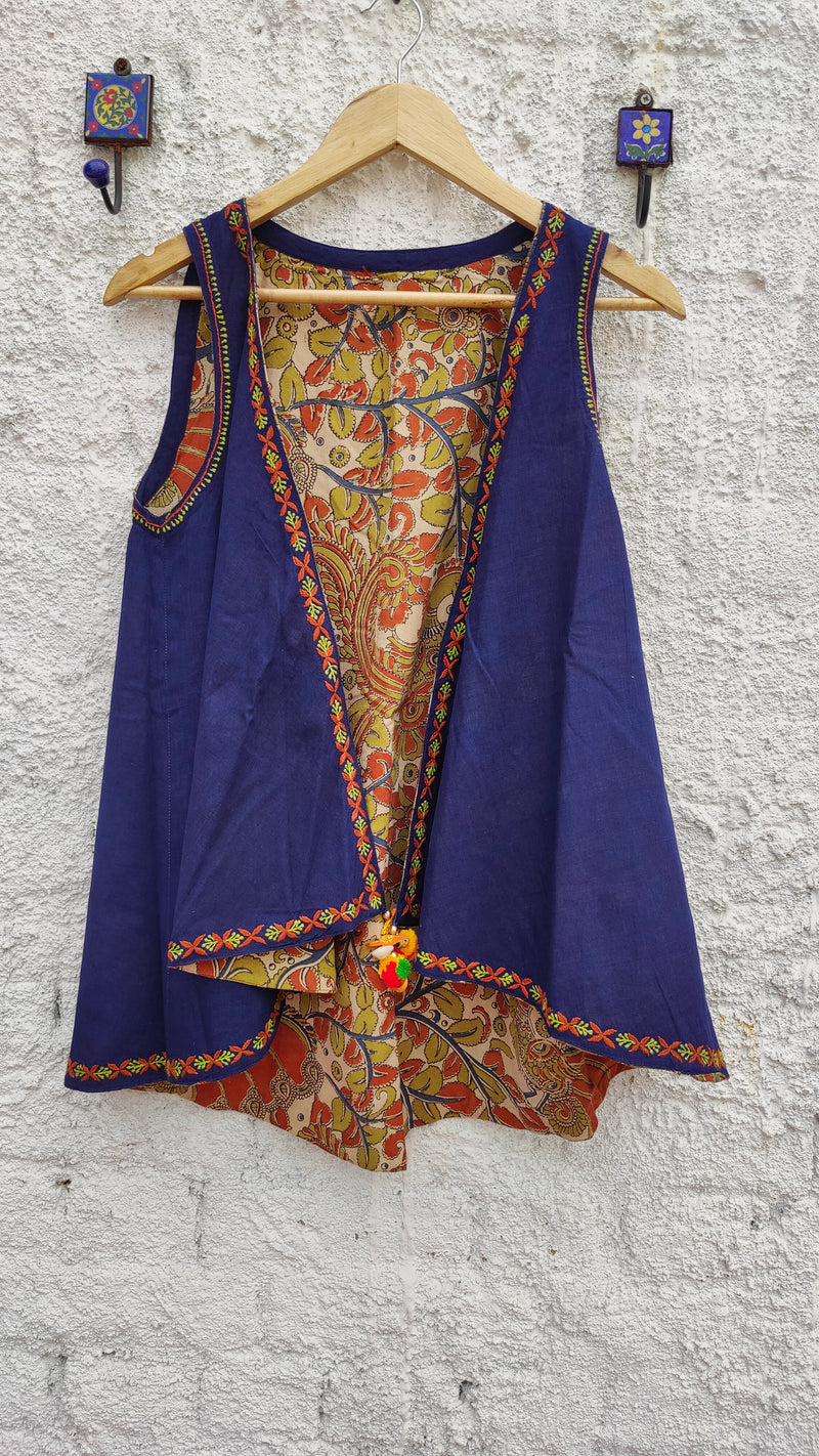 NAVY BLUE MANGALGIRI COTTON WITH KALAMKARI-CHIKANKARI REVERSIBLE JACKET