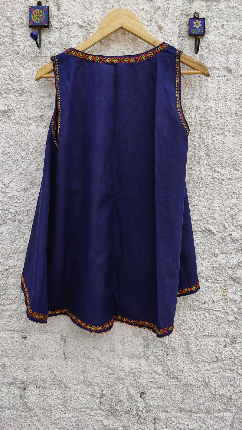 NAVY BLUE MANGALGIRI COTTON WITH KALAMKARI-CHIKANKARI REVERSIBLE JACKET