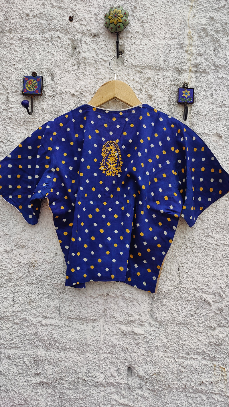 BLUE BANDHINI BLOUSE WITH CHIKANKARI