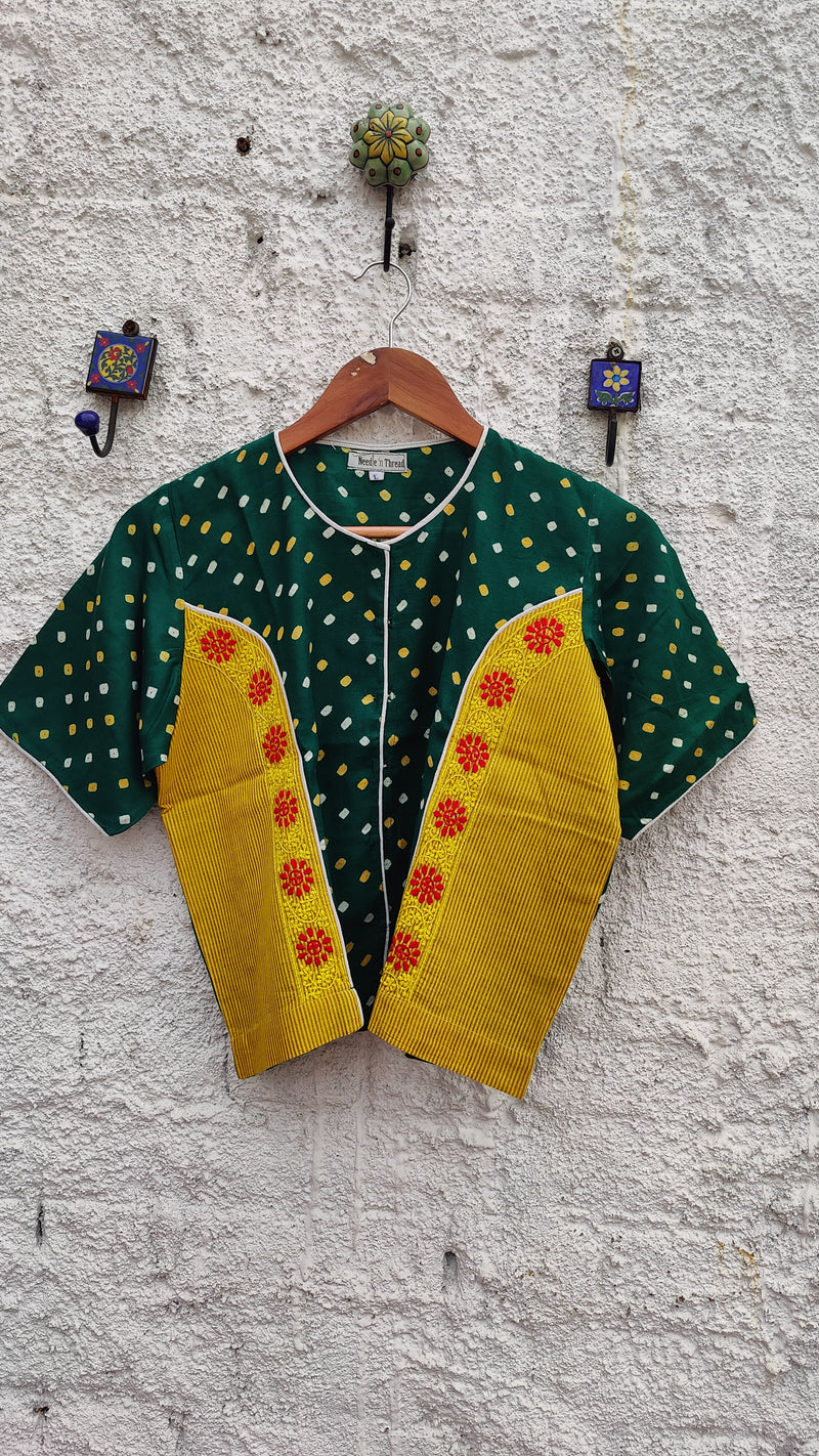 GREEN BANDHINI BLOUSE WITH CHIKANKARI