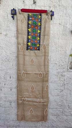 NATURAL TUSSAR KURTA WITH CHIKANKARI, MUKAISH & MADHUBANI