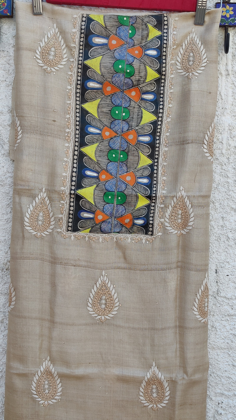 NATURAL TUSSAR KURTA WITH CHIKANKARI, MUKAISH & MADHUBANI