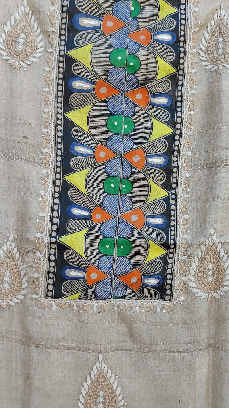 NATURAL TUSSAR KURTA WITH CHIKANKARI, MUKAISH & MADHUBANI