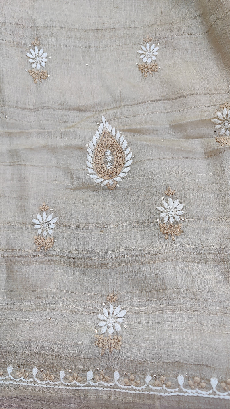 NATURAL TUSSAR KURTA WITH CHIKANKARI, MUKAISH & MADHUBANI