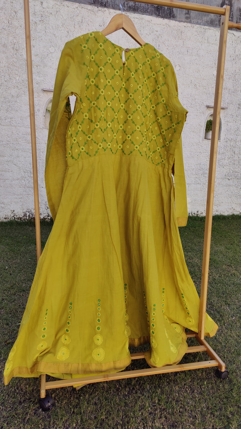 SLIME GREEN MANGALGIRI 24 KALI ANGARKHA WITH CHIKANKARI & MIRROR WORK