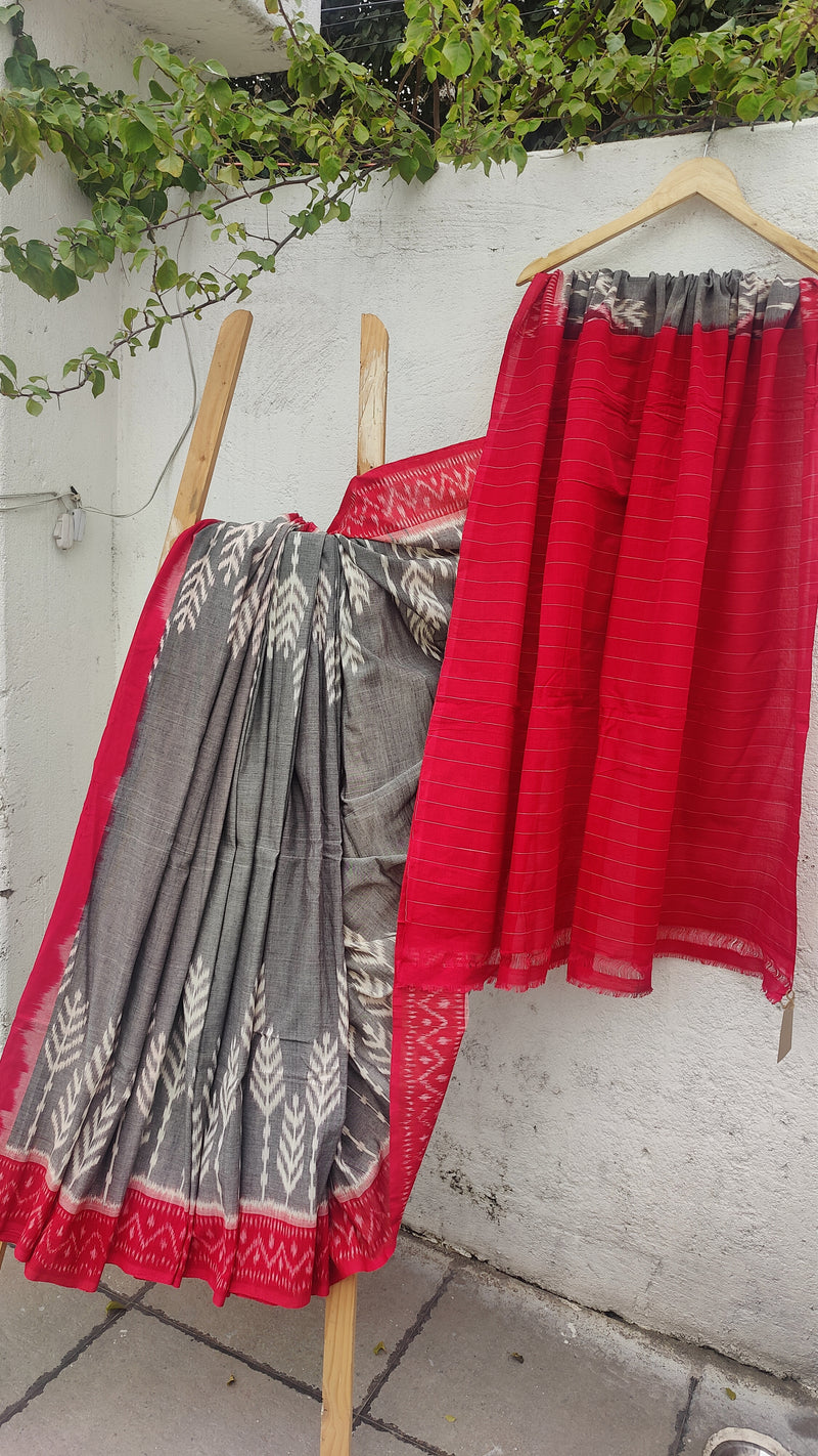 RED WITH GREY IKKAT COTTON SAREE WITH BLOUSE