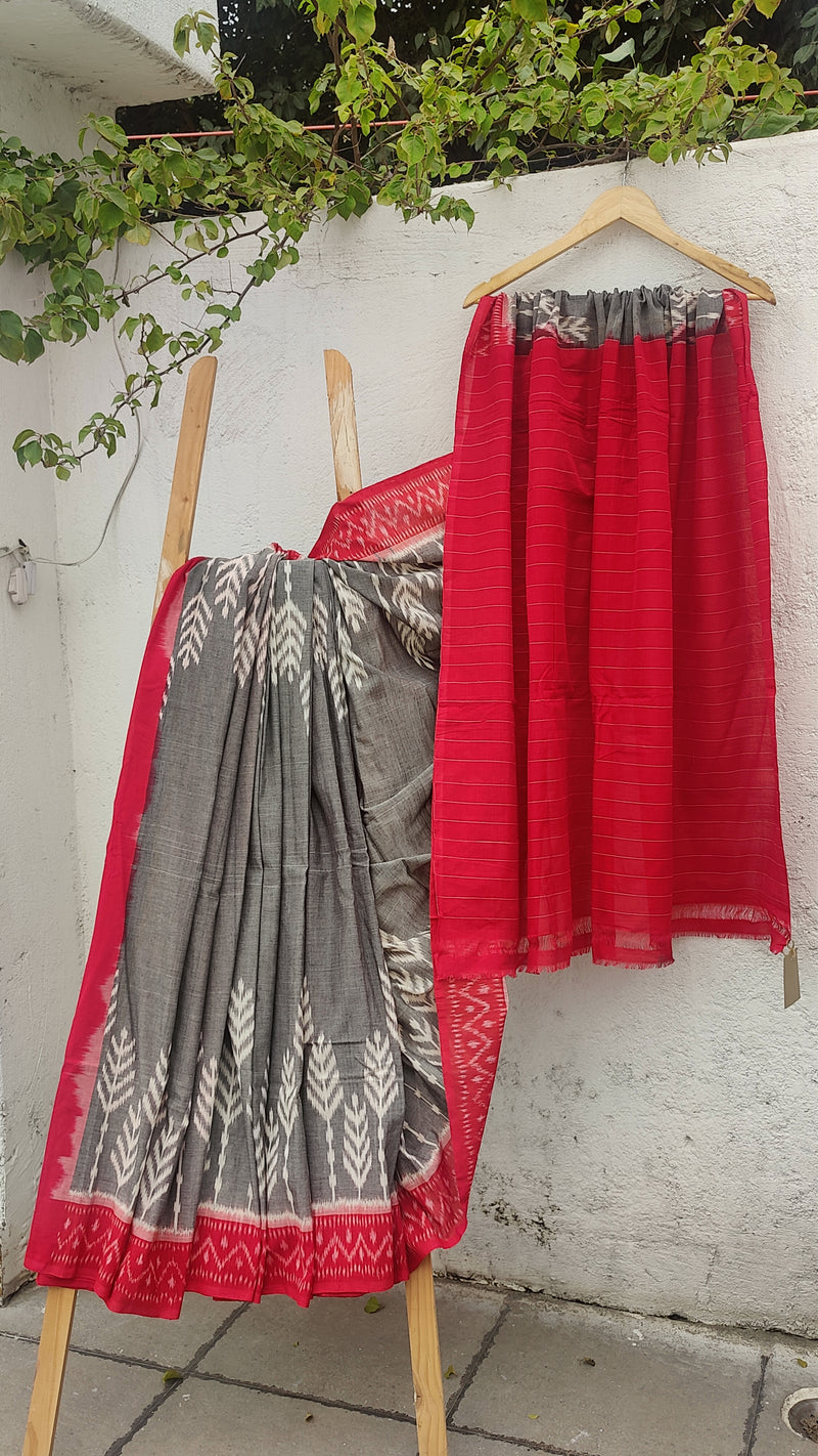 RED WITH GREY IKKAT COTTON SAREE WITH BLOUSE