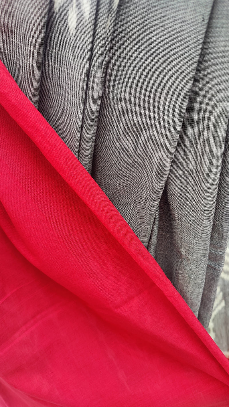 RED WITH GREY IKKAT COTTON SAREE WITH BLOUSE