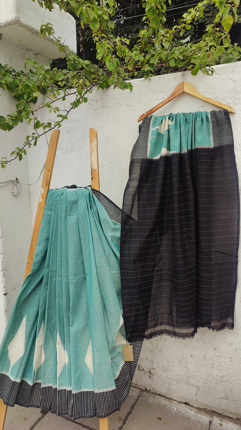 TIFFANY BLUE WITH BLACK IKKAT COTTON SAREE WITH BLOUSE