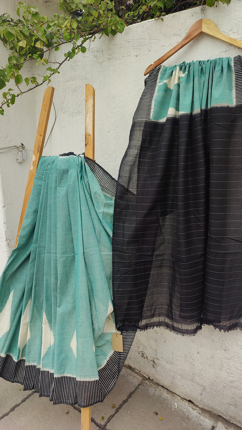 TIFFANY BLUE WITH BLACK IKKAT COTTON SAREE WITH BLOUSE