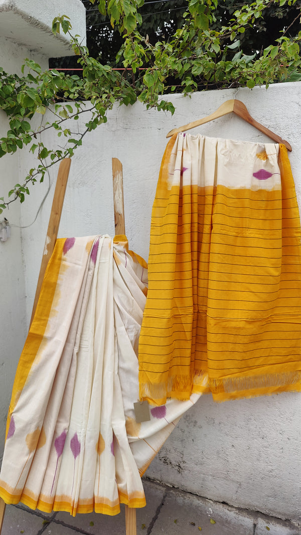 OFF WHITE WITH HONEY YELLOW IKKAT COTTON SAREE WITH BLOUSE