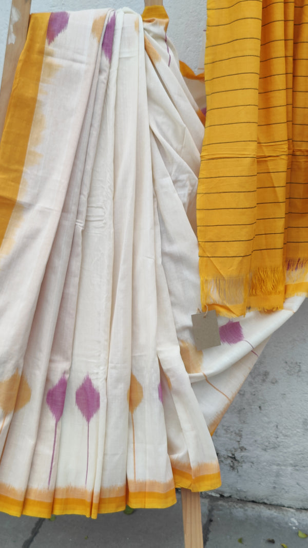 OFF WHITE WITH HONEY YELLOW IKKAT COTTON SAREE WITH BLOUSE