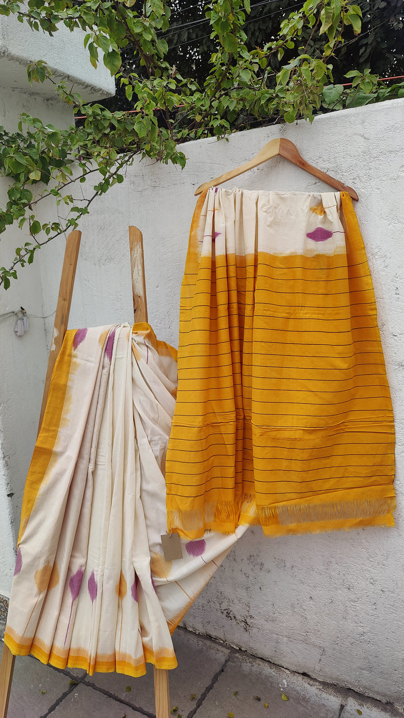 OFF WHITE WITH HONEY YELLOW IKKAT COTTON SAREE WITH BLOUSE