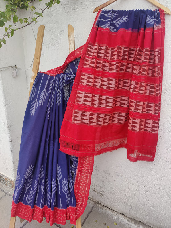 RED WITH ROYAL BLUE  IKKAT COTTON SAREE BLOUSE ATTACHED