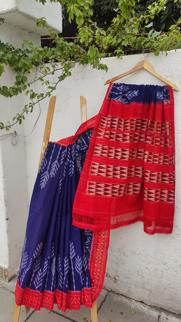 RED WITH ROYAL BLUE  IKKAT COTTON SAREE BLOUSE ATTACHED