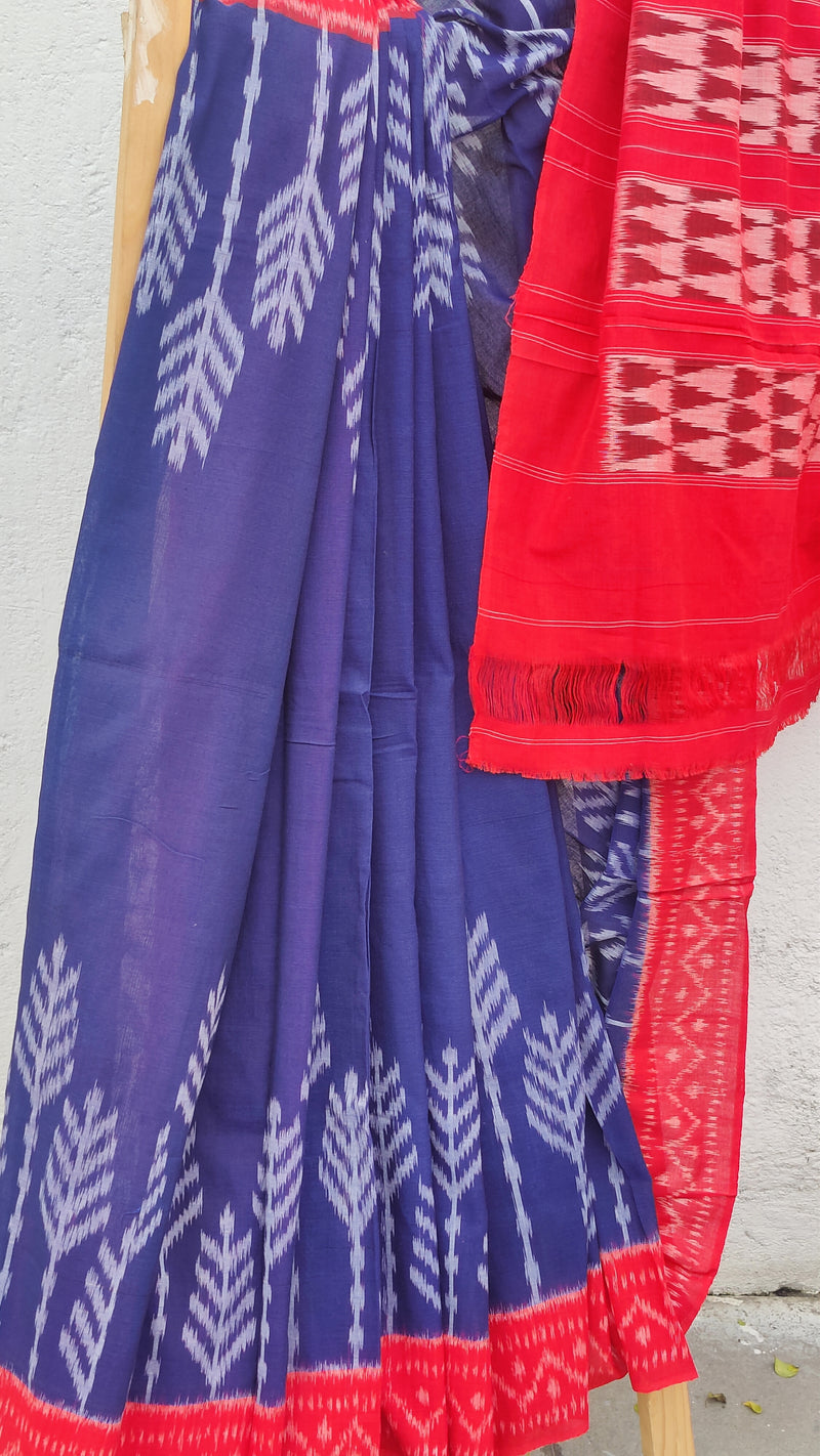 RED WITH ROYAL BLUE  IKKAT COTTON SAREE BLOUSE ATTACHED