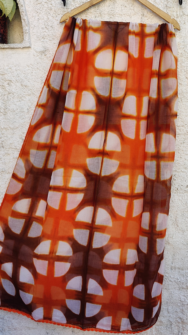 RUST ORANGE KOTA SHIBORI DUPATTA - SQUARE PATTERN