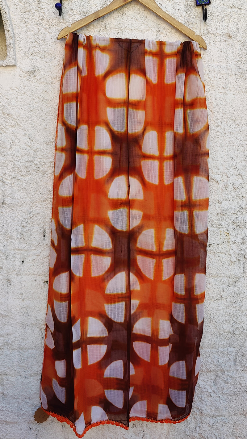 RUST ORANGE KOTA SHIBORI DUPATTA - SQUARE PATTERN