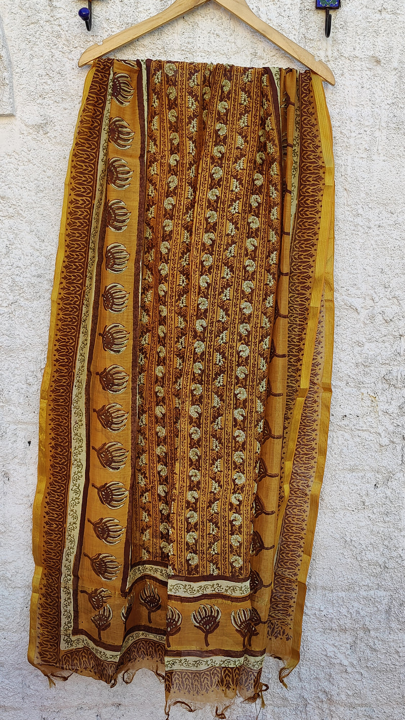 MUSTARD CHANDERI HAND BLOCK PRINTED DUPATTA