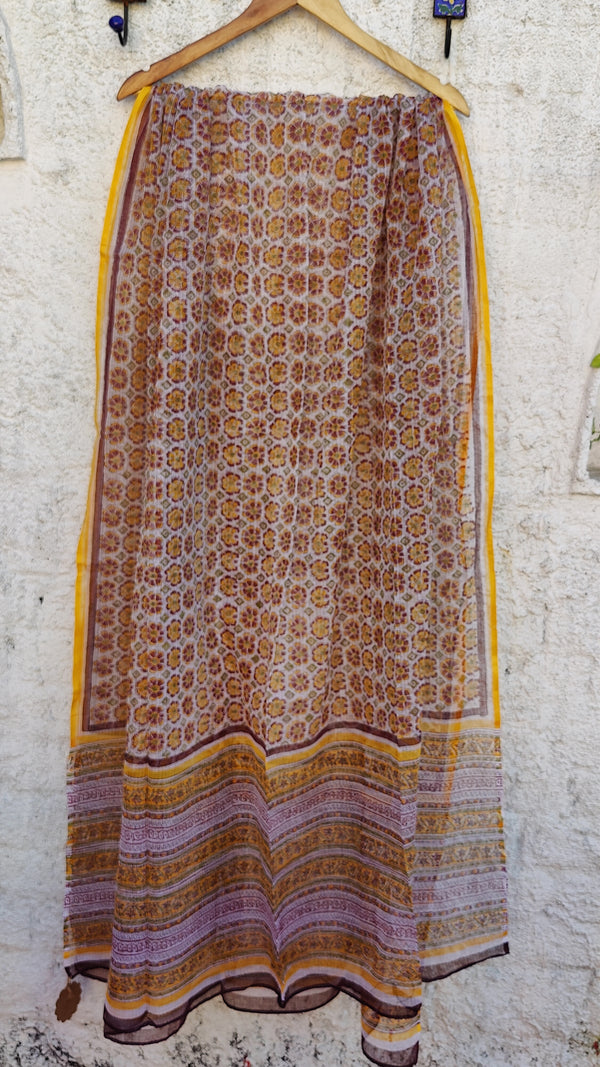 WHITE YELLOW HAND BLOCK PRINTED KOTA DUPATTA