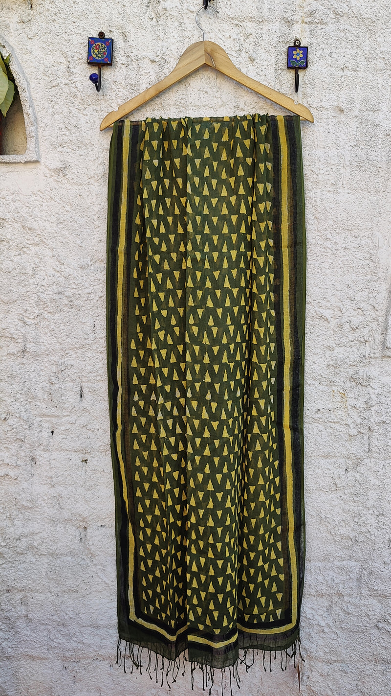 GREEN HAND BLOCK PRINTED LINEN COTTON DUPATTA