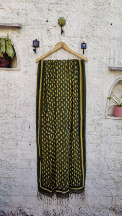 GREEN HAND BLOCK PRINTED LINEN COTTON DUPATTA