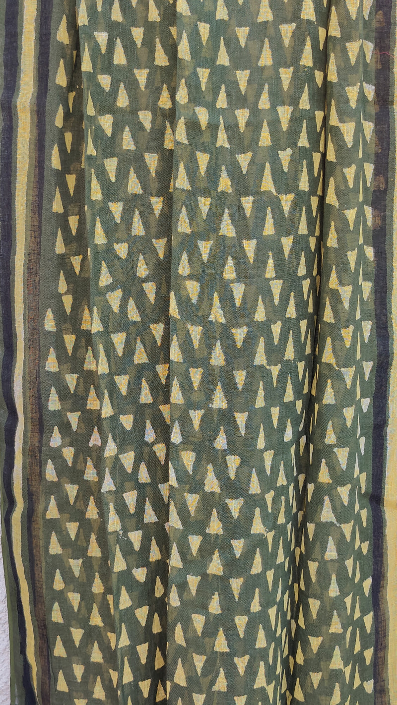 GREEN HAND BLOCK PRINTED LINEN COTTON DUPATTA