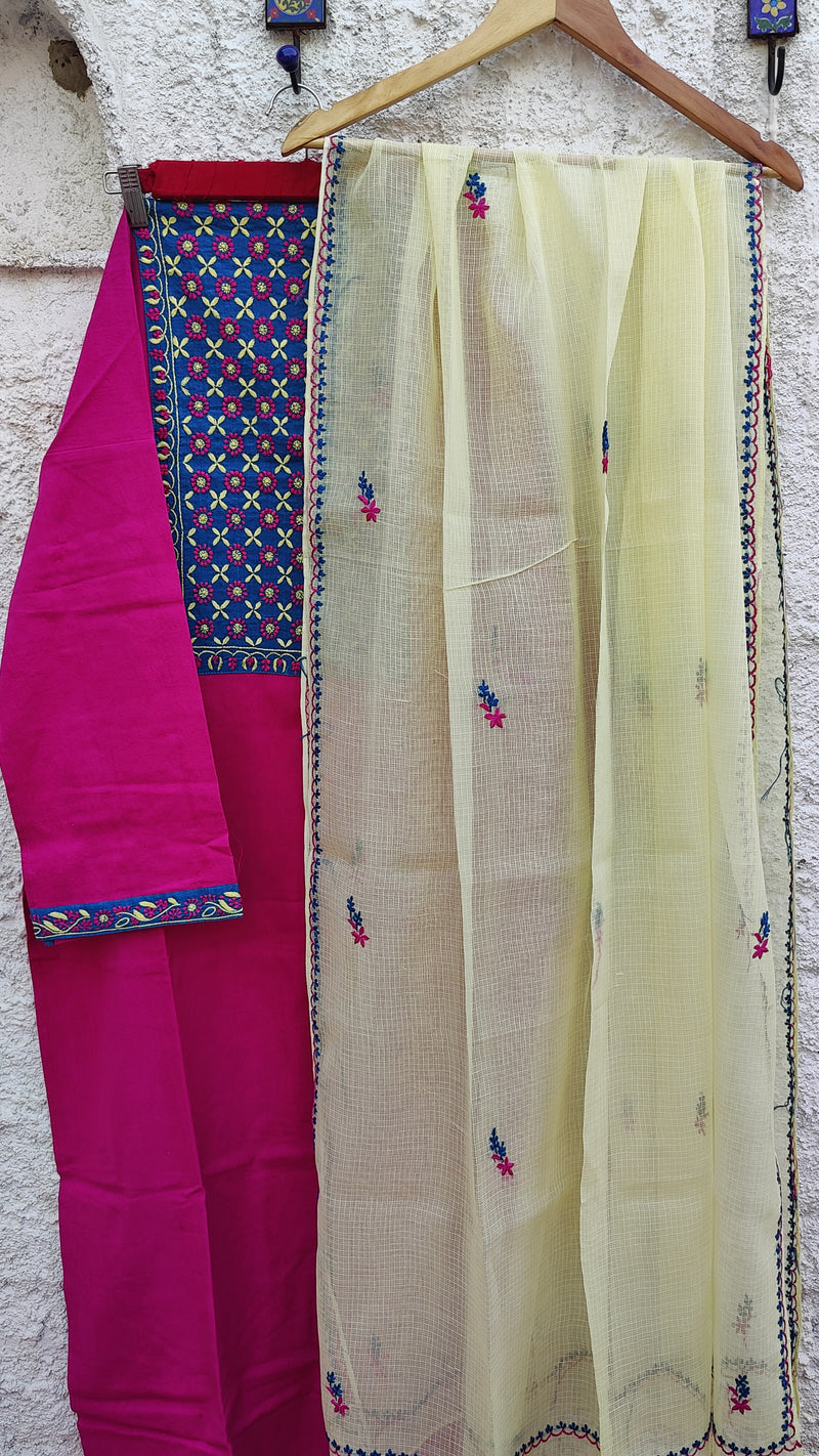 MAGENTA  IKKAT WEAVE KURTA WITH CHIKANKARI - LEMON KOTA DUPATTA