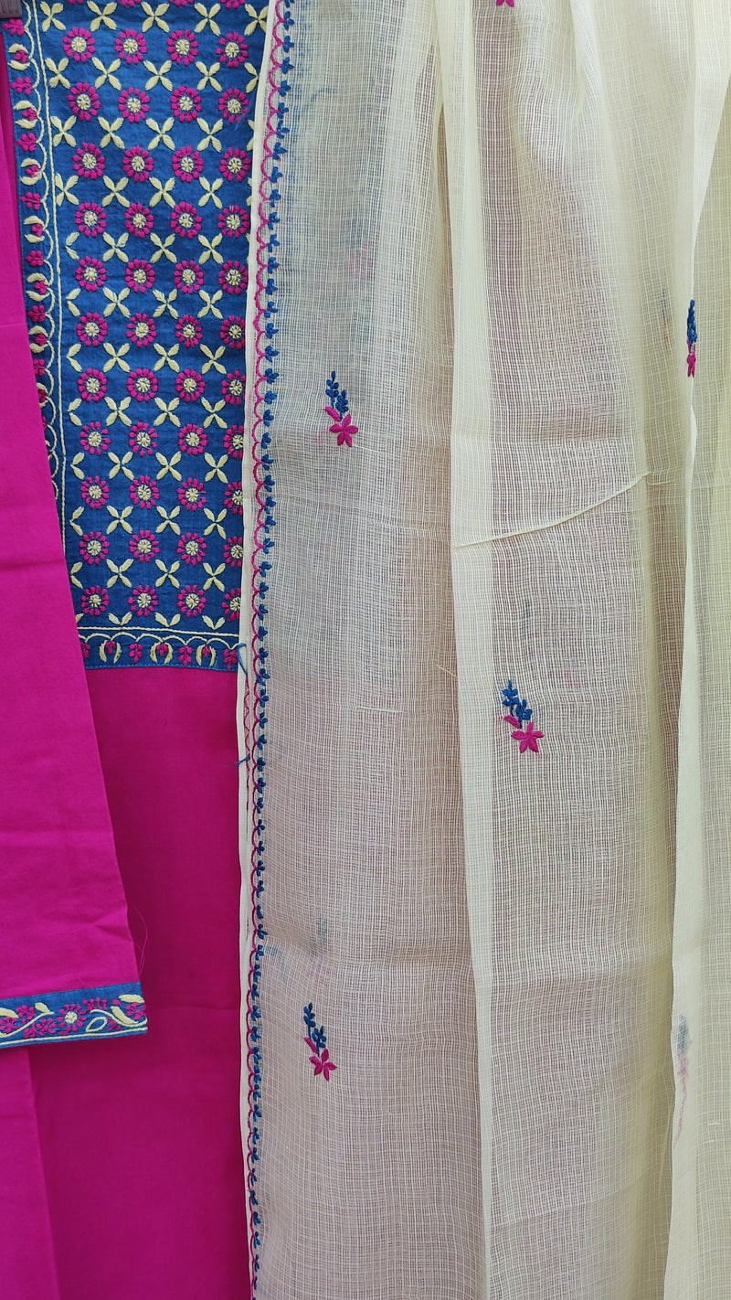 MAGENTA  IKKAT WEAVE KURTA WITH CHIKANKARI - LEMON KOTA DUPATTA