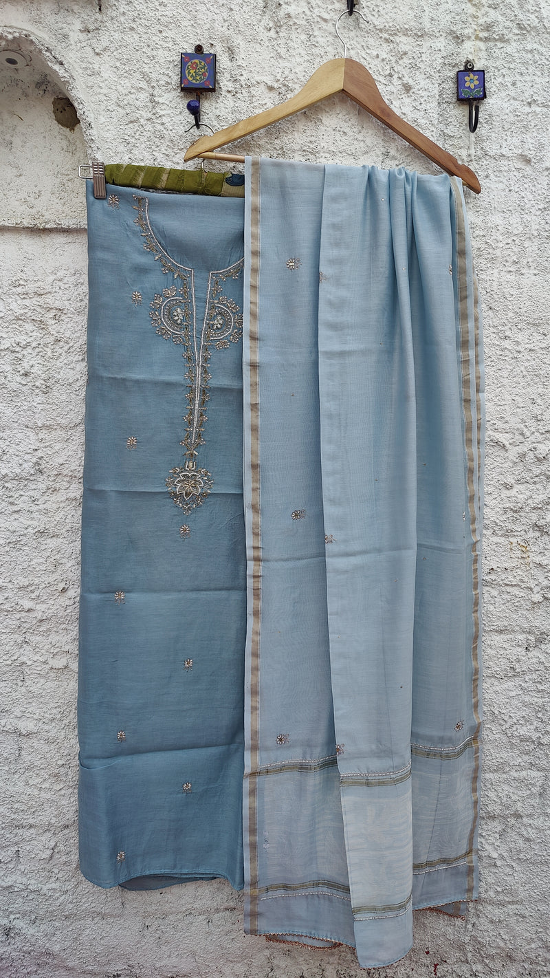 SKY BLUE CHANDERI KURTA WITH AARI & BEADS WORK - CHANDERI SHIBORI DUPATTA