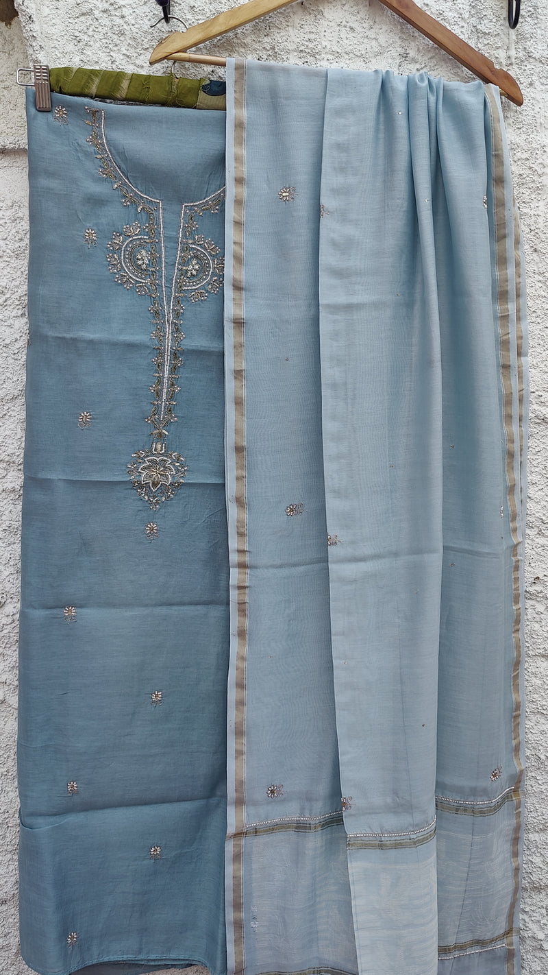 SKY BLUE CHANDERI KURTA WITH AARI & BEADS WORK - CHANDERI SHIBORI DUPATTA