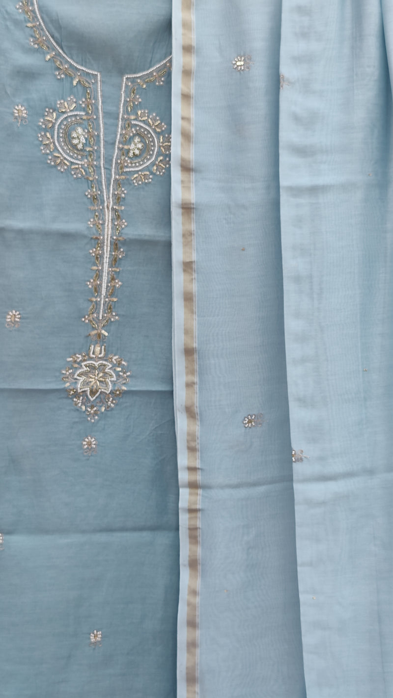 SKY BLUE CHANDERI KURTA WITH AARI & BEADS WORK - CHANDERI SHIBORI DUPATTA