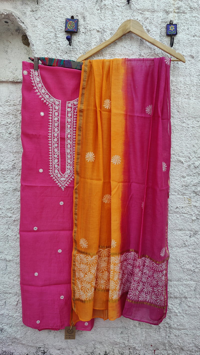 FRENCH ROSE PINK MUL CHANDERI KURTA - BEADS WORK & DOUBLE DYED CHANDERI DUPATTA - CHIKANKARI