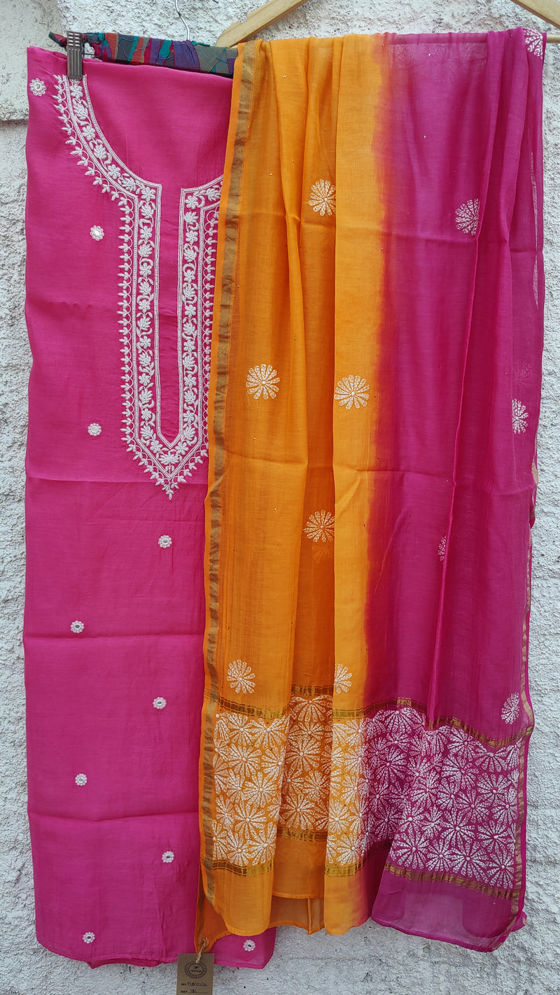 FRENCH ROSE PINK MUL CHANDERI KURTA - BEADS WORK & DOUBLE DYED CHANDERI DUPATTA - CHIKANKARI