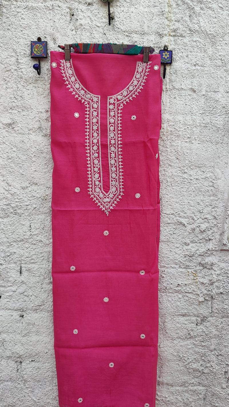 FRENCH ROSE PINK MUL CHANDERI KURTA - BEADS WORK & DOUBLE DYED CHANDERI DUPATTA - CHIKANKARI