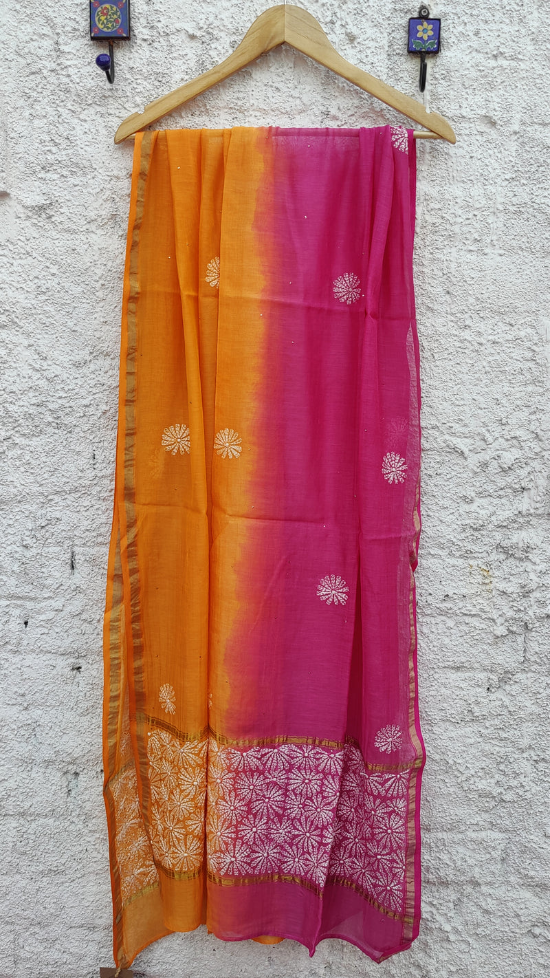 FRENCH ROSE PINK MUL CHANDERI KURTA - BEADS WORK & DOUBLE DYED CHANDERI DUPATTA - CHIKANKARI