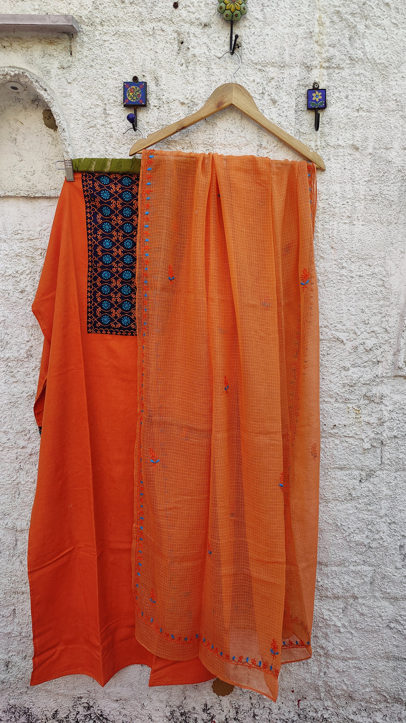 PUMPKIN ORANGE IKKAT WEAVE KURTA WITH CHIKANKARI - PEACH KOTA DUPATTA