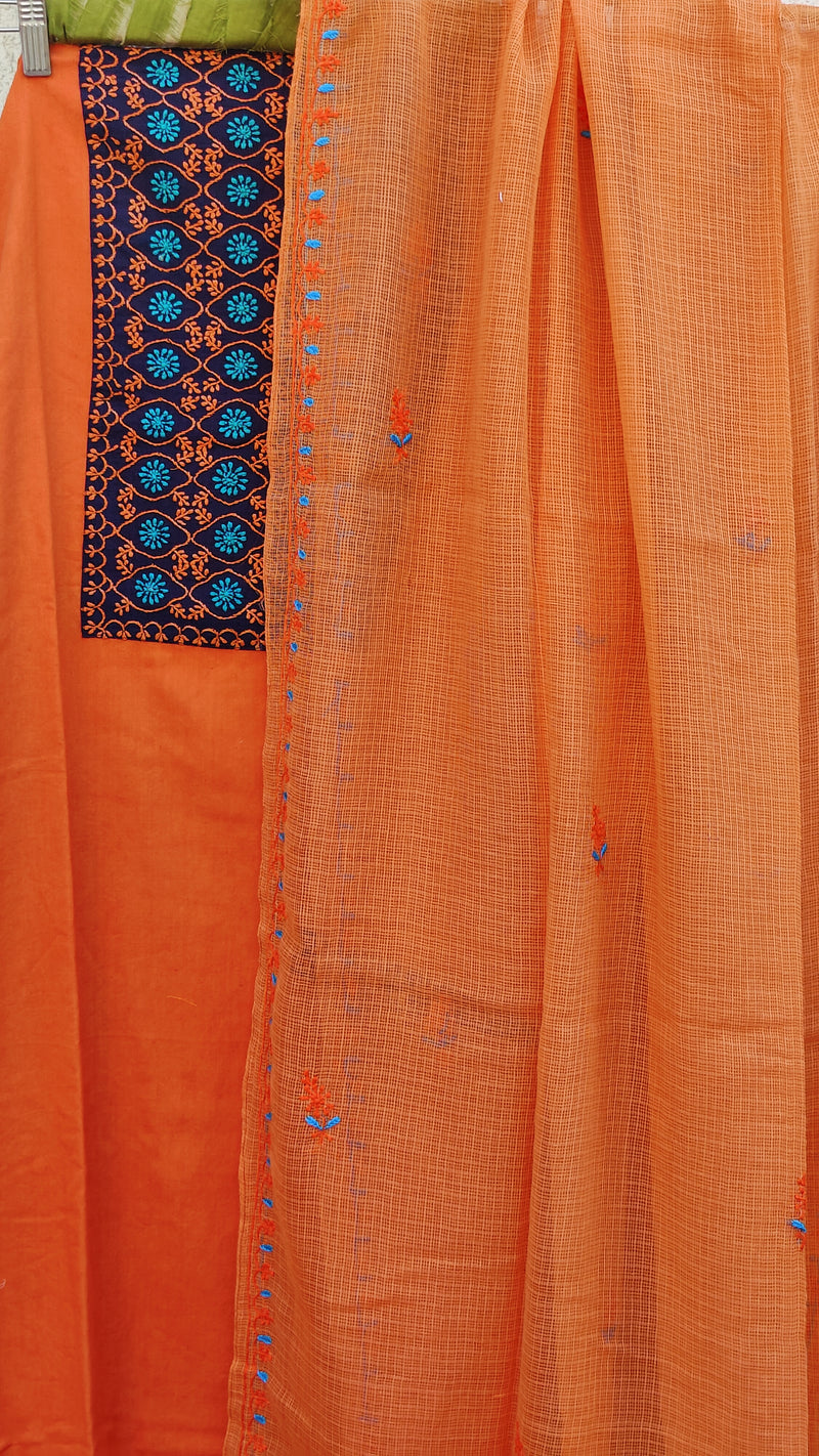 PUMPKIN ORANGE IKKAT WEAVE KURTA WITH CHIKANKARI - PEACH KOTA DUPATTA