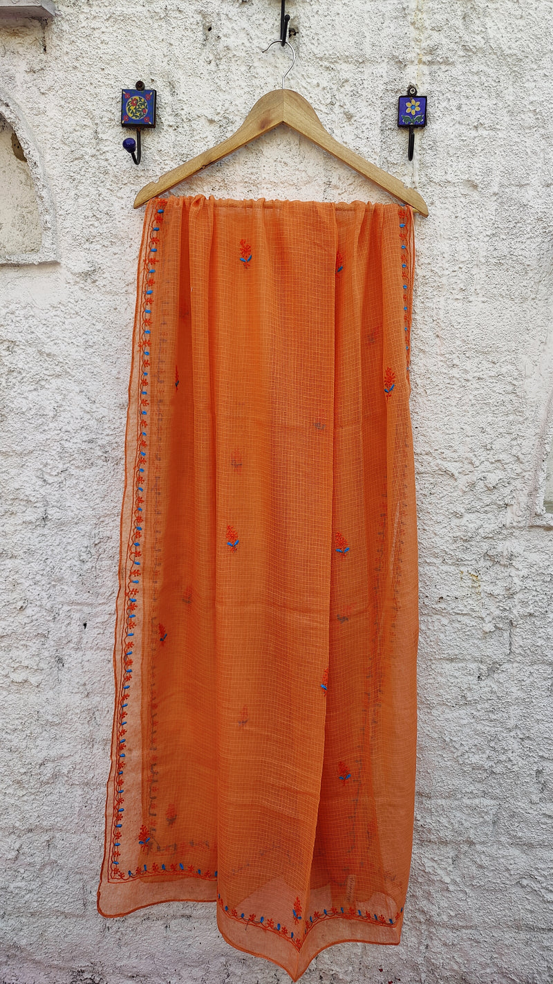 PUMPKIN ORANGE IKKAT WEAVE KURTA WITH CHIKANKARI - PEACH KOTA DUPATTA