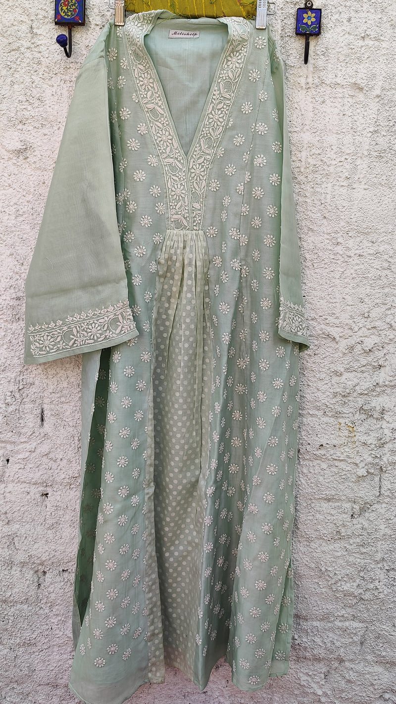 PISTACHIO GREEN CHANDERI SEMI STITCHED KURTA WITH CHIKANKARI - FERN GREEN CHANDERI DUPATTA