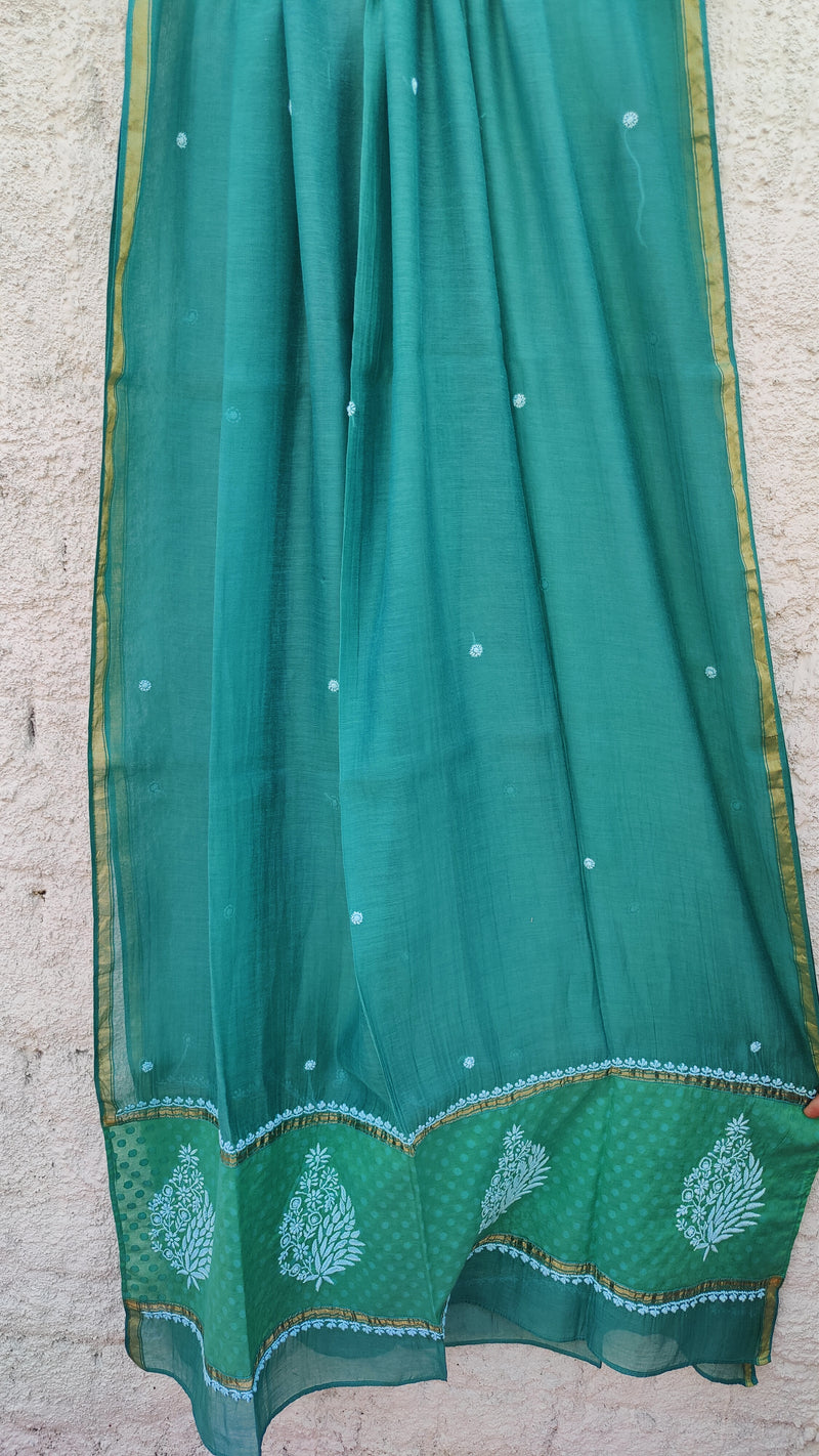 PISTACHIO GREEN CHANDERI SEMI STITCHED KURTA WITH CHIKANKARI - FERN GREEN CHANDERI DUPATTA