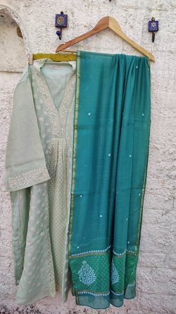 PISTACHIO GREEN CHANDERI SEMI STITCHED KURTA WITH CHIKANKARI - FERN GREEN CHANDERI DUPATTA