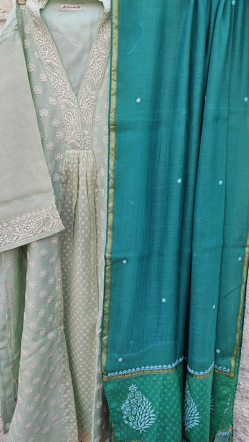 PISTACHIO GREEN CHANDERI SEMI STITCHED KURTA WITH CHIKANKARI - FERN GREEN CHANDERI DUPATTA