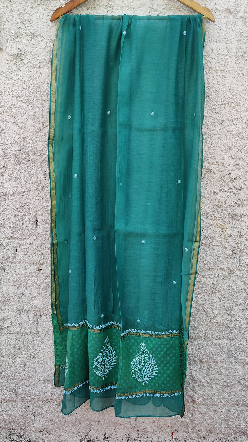 PISTACHIO GREEN CHANDERI SEMI STITCHED KURTA WITH CHIKANKARI - FERN GREEN CHANDERI DUPATTA