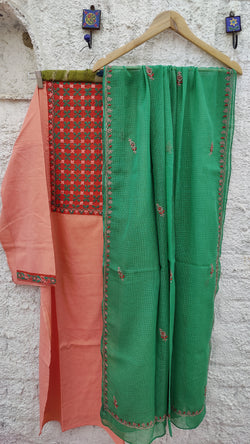 PEACH IKKAT WEAVE KURTA WITH CHIKANKARI - GREEN KOTA DUPATTA