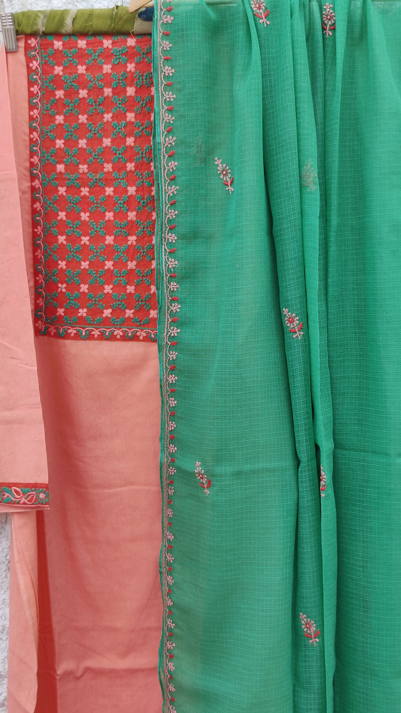 PEACH IKKAT WEAVE KURTA WITH CHIKANKARI - GREEN KOTA DUPATTA