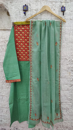 EMRALD GREEN IKKAT WEAVE KURTA WITH CHIKANKARI - LIGHT GREEN KOTA DUPATTA